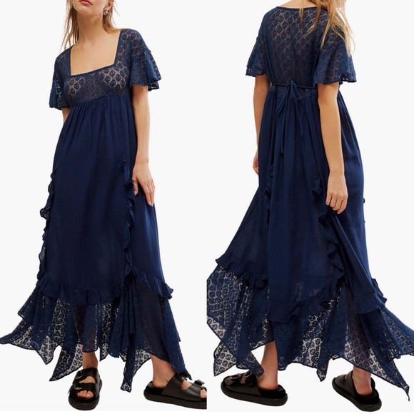 NWT Free People Navy Blue Bring the Romance Handkerchief Hem Maxi Dress Womens L - Picture 1 of 8